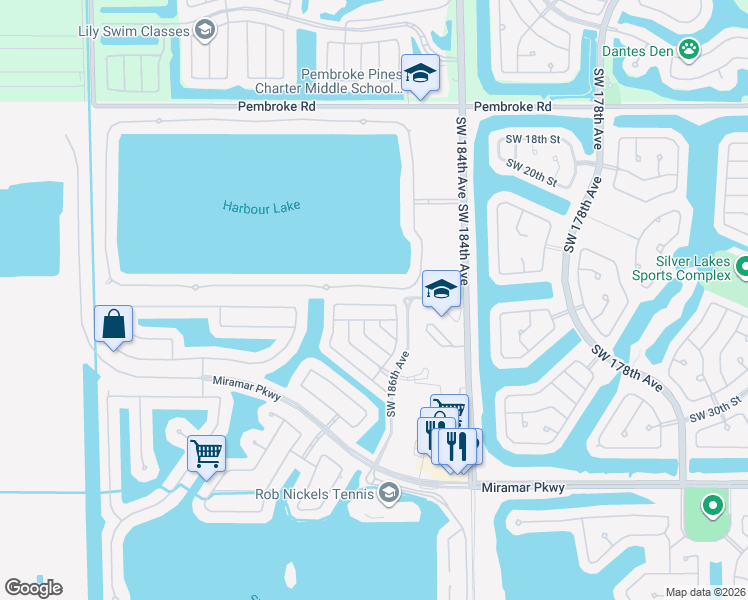 map of restaurants, bars, coffee shops, grocery stores, and more near 18721 Southwest 25th Court in Miramar