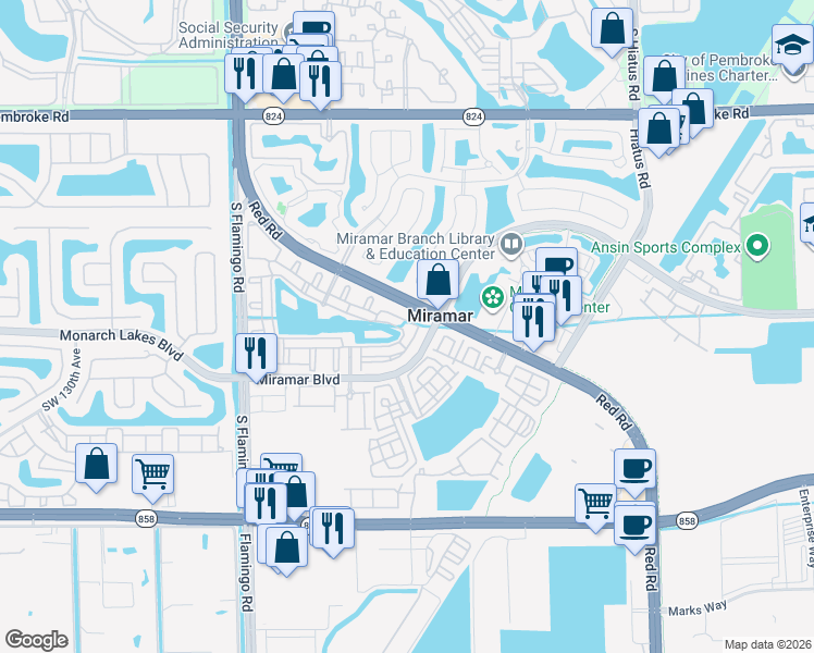 map of restaurants, bars, coffee shops, grocery stores, and more near 2412 Centergate Drive in Miramar