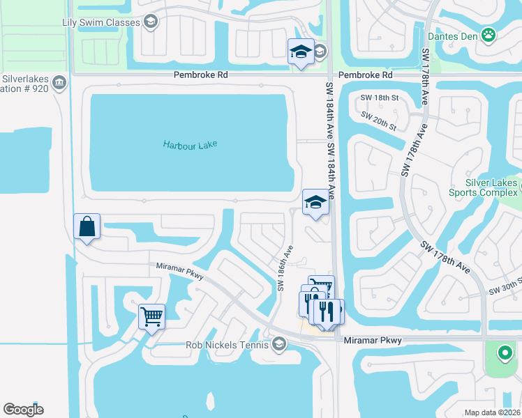 map of restaurants, bars, coffee shops, grocery stores, and more near 18690 Southwest 24th Street in Miramar