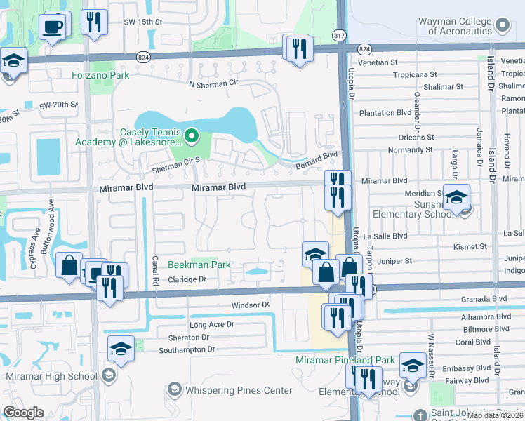 map of restaurants, bars, coffee shops, grocery stores, and more near 2573 Southwest 83rd Terrace in Miramar