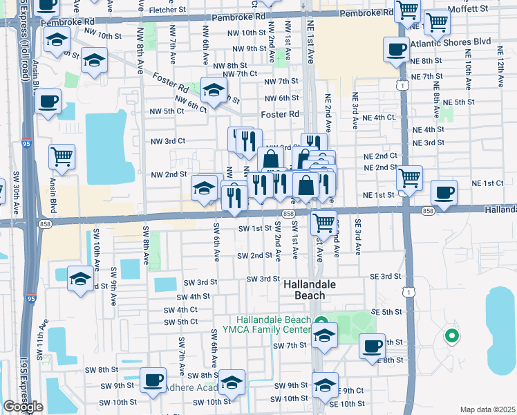 map of restaurants, bars, coffee shops, grocery stores, and more near 26 Northwest 3rd Avenue in Hallandale Beach