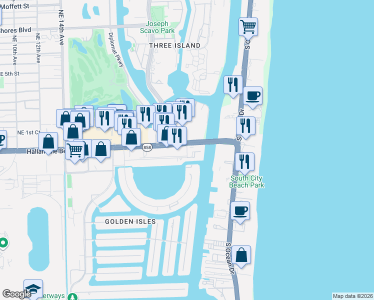 map of restaurants, bars, coffee shops, grocery stores, and more near Southeast 26th Avenue in Hallandale Beach