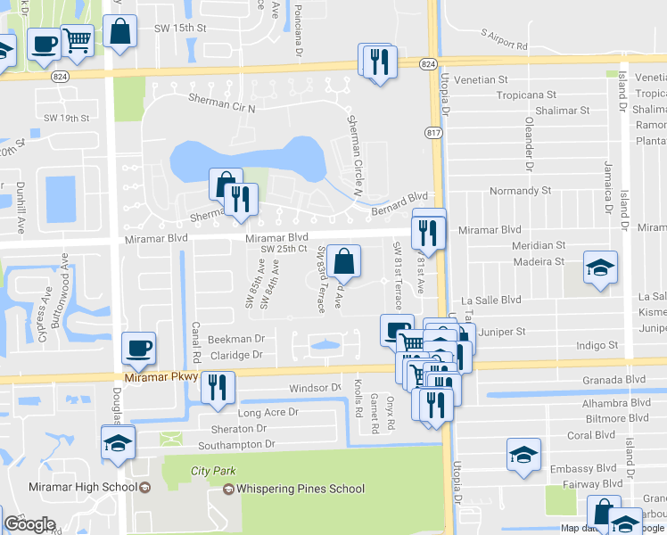 map of restaurants, bars, coffee shops, grocery stores, and more near 2573 Southwest 83rd Terrace in Miramar