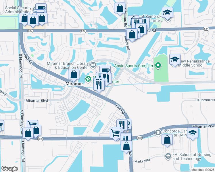 map of restaurants, bars, coffee shops, grocery stores, and more near 11575 City Hall Promenade in Miramar