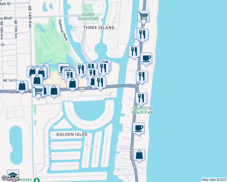 map of restaurants, bars, coffee shops, grocery stores, and more near 2602 East Hallandale Beach Boulevard in Hallandale Beach