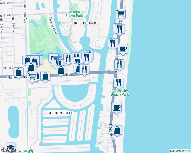 map of restaurants, bars, coffee shops, grocery stores, and more near 2600 East Hallandale Beach Boulevard in Hallandale Beach