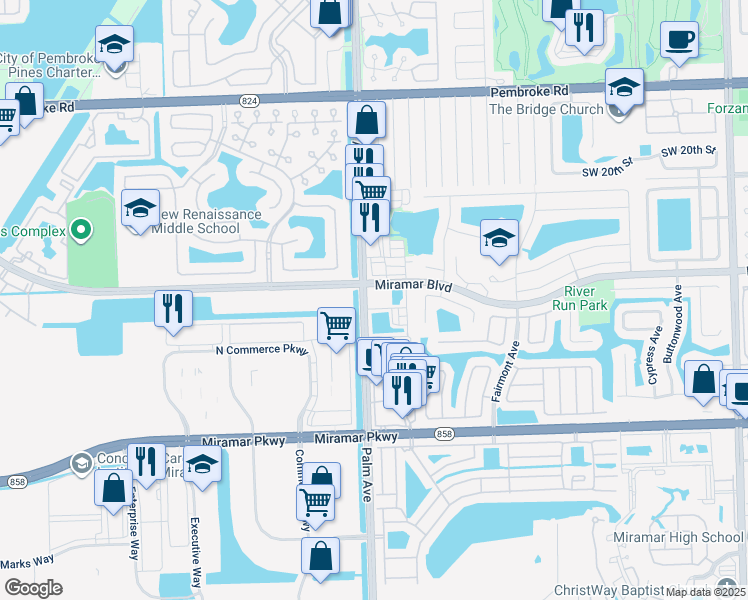 map of restaurants, bars, coffee shops, grocery stores, and more near 2501 Palm Avenue in Miramar