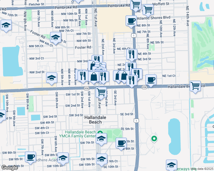 map of restaurants, bars, coffee shops, grocery stores, and more near 209 East Hallandale Beach Boulevard in Hallandale Beach