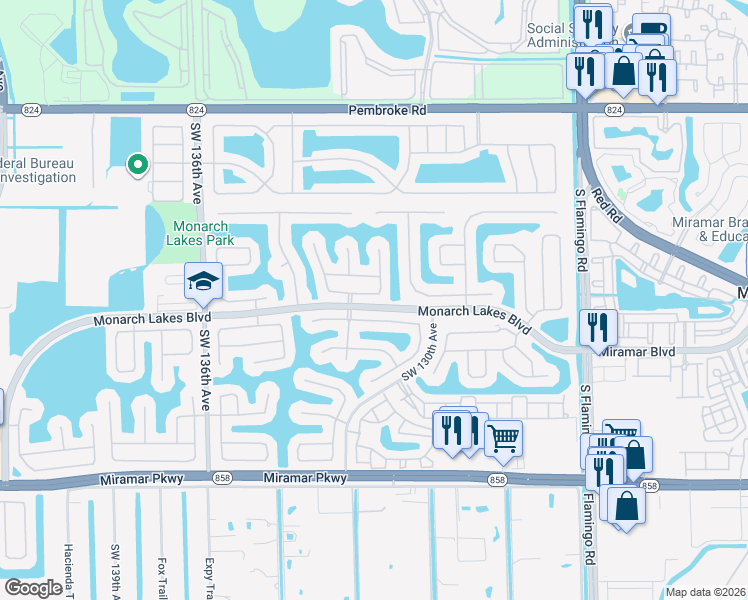 map of restaurants, bars, coffee shops, grocery stores, and more near 13126 Southwest 24th Street in Miramar