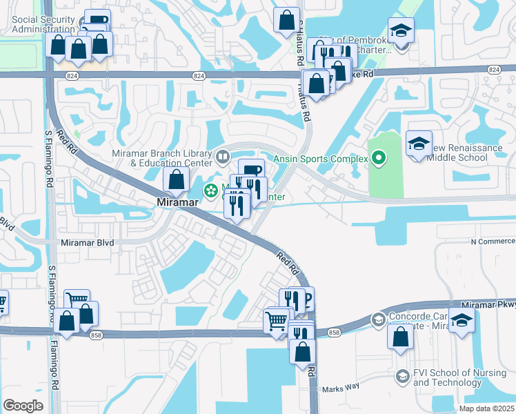 map of restaurants, bars, coffee shops, grocery stores, and more near 11575 City Hall Promenade in Miramar
