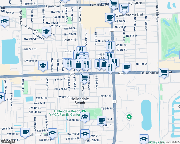 map of restaurants, bars, coffee shops, grocery stores, and more near 209 East Hallandale Beach Boulevard in Hallandale Beach