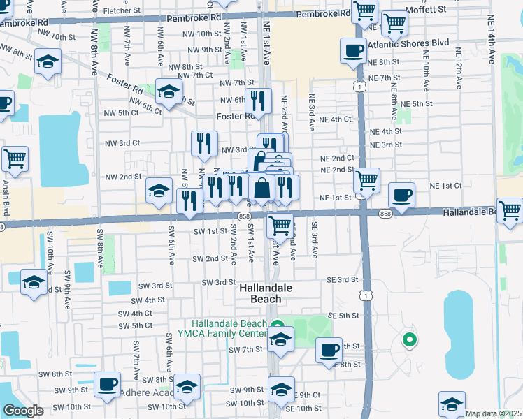 map of restaurants, bars, coffee shops, grocery stores, and more near 11 Northeast 1st Avenue in Hallandale Beach