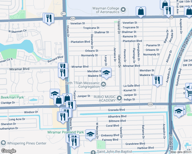 map of restaurants, bars, coffee shops, grocery stores, and more near 2630 Nassau Drive in Miramar