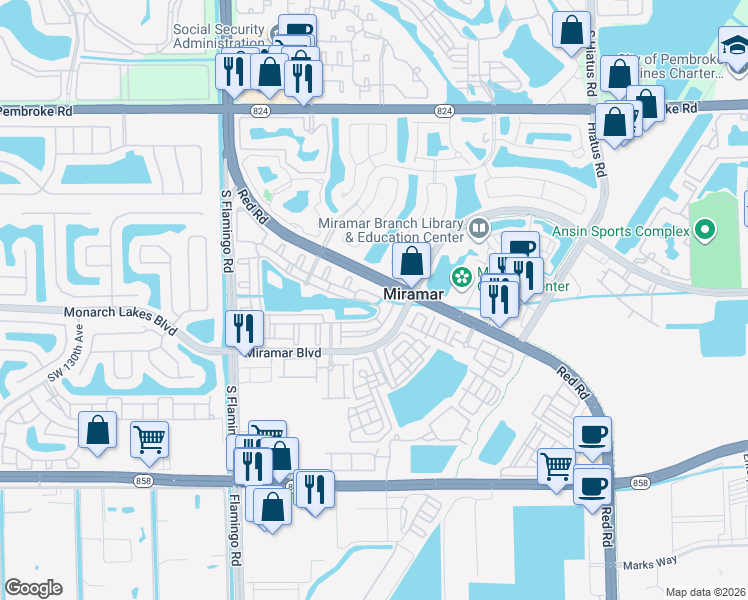 map of restaurants, bars, coffee shops, grocery stores, and more near 2406 Centergate Drive in Miramar