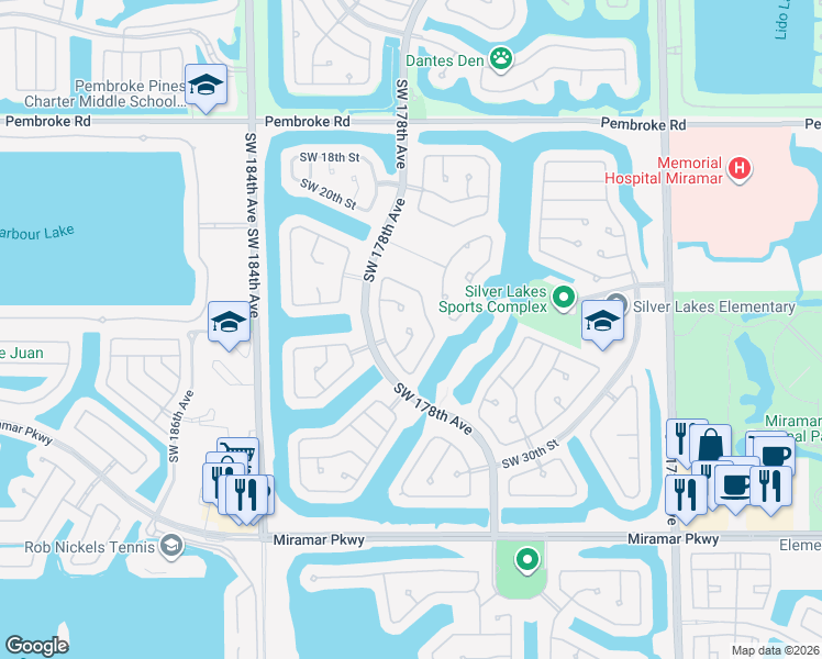 map of restaurants, bars, coffee shops, grocery stores, and more near 17755 Southwest 27th Court in Miramar