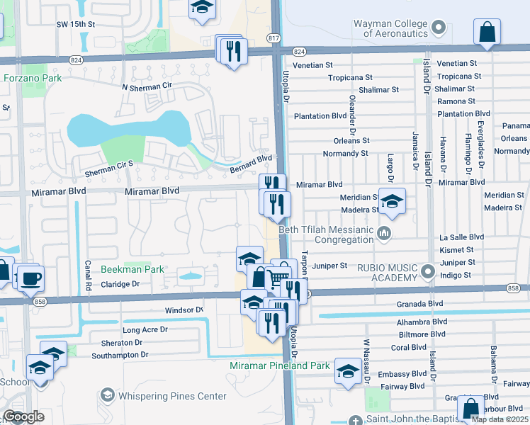 map of restaurants, bars, coffee shops, grocery stores, and more near 2610 Southwest 81st Avenue in Miramar