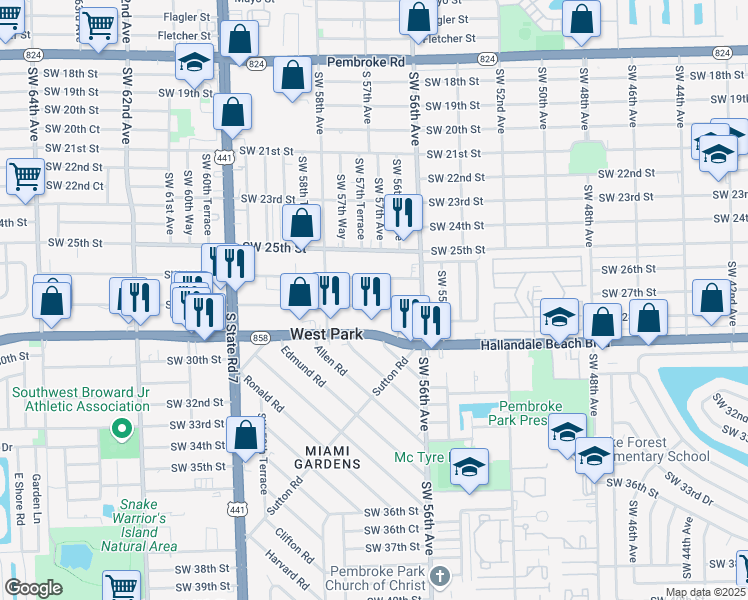 map of restaurants, bars, coffee shops, grocery stores, and more near 5649 Southwest 27th Street in West Park