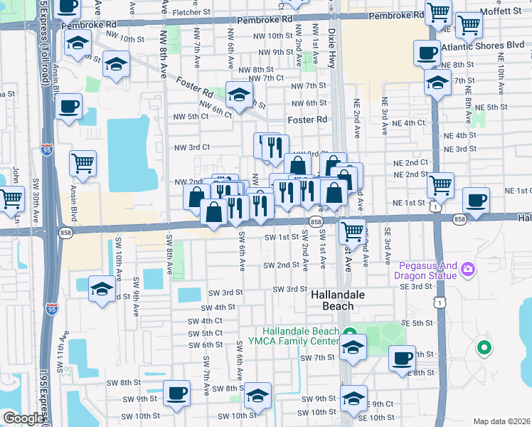 map of restaurants, bars, coffee shops, grocery stores, and more near 23 Northeast 4th Avenue in Hallandale Beach
