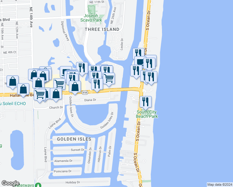 map of restaurants, bars, coffee shops, grocery stores, and more near 2600 East Hallandale Beach Boulevard in Hallandale Beach