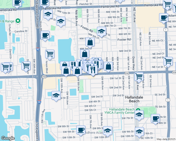 map of restaurants, bars, coffee shops, grocery stores, and more near 713 Northwest 1st Street in Hallandale Beach