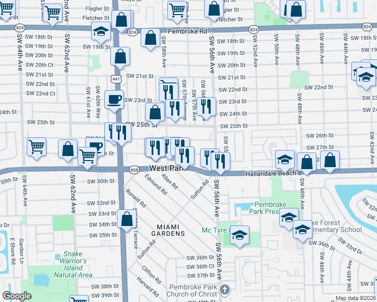 map of restaurants, bars, coffee shops, grocery stores, and more near 5649 Southwest 27th Street in West Park