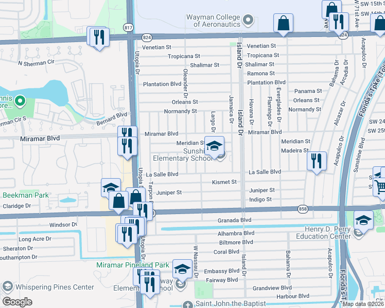 map of restaurants, bars, coffee shops, grocery stores, and more near 2630 Nassau Drive in Miramar
