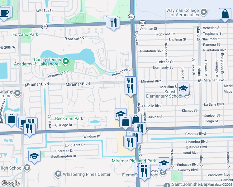 map of restaurants, bars, coffee shops, grocery stores, and more near 2577 Southwest 82nd Avenue in Miramar