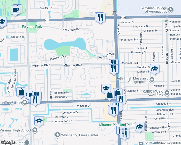 map of restaurants, bars, coffee shops, grocery stores, and more near 8266 Southwest 25th Street in Miramar