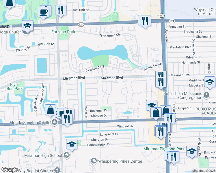 map of restaurants, bars, coffee shops, grocery stores, and more near 2605 Southwest 85th Avenue in Miramar