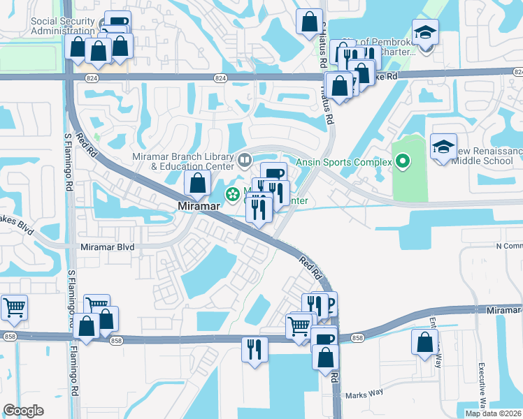 map of restaurants, bars, coffee shops, grocery stores, and more near 11735 City Hall Promenade in Miramar