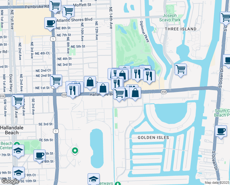 map of restaurants, bars, coffee shops, grocery stores, and more near 1403 East Hallandale Beach Boulevard in Hallandale Beach