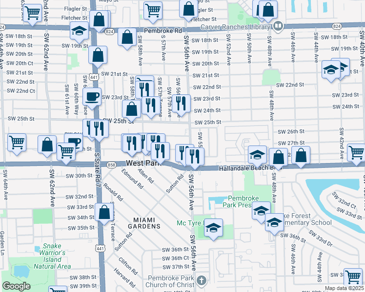 map of restaurants, bars, coffee shops, grocery stores, and more near 5607 Southwest 27th Street in West Park