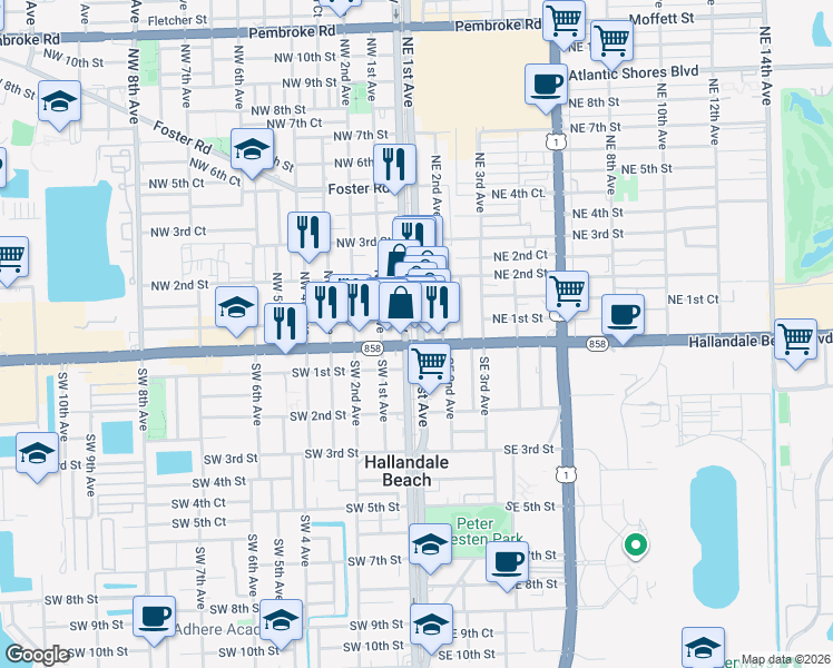 map of restaurants, bars, coffee shops, grocery stores, and more near 11 Northeast 1st Avenue in Hallandale Beach