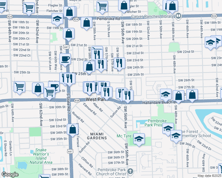 map of restaurants, bars, coffee shops, grocery stores, and more near 5649 Southwest 27th Street in West Park