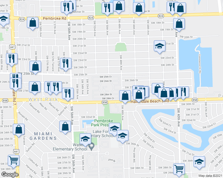 map of restaurants, bars, coffee shops, grocery stores, and more near 2730 Southwest 49th Avenue in Pembroke Park