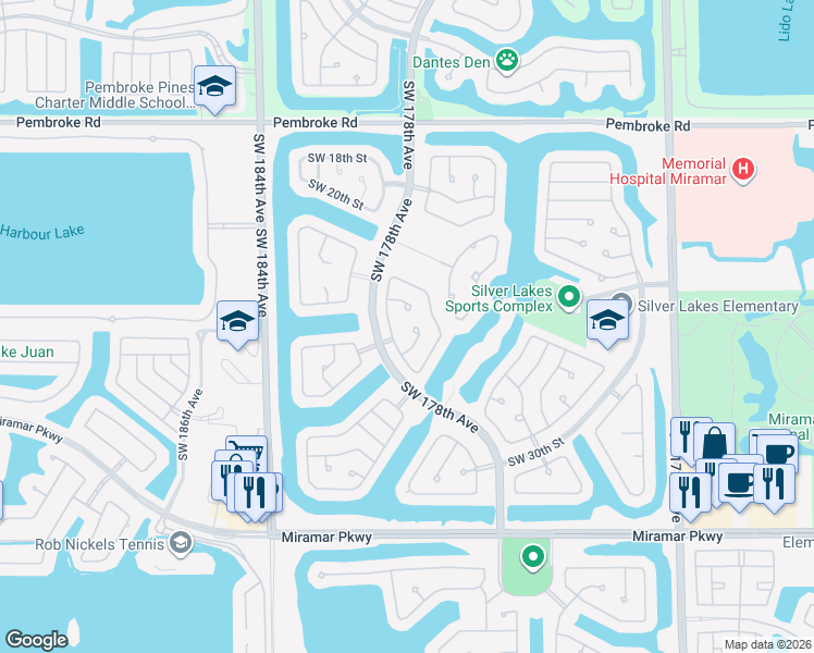 map of restaurants, bars, coffee shops, grocery stores, and more near 17755 Southwest 27th Court in Miramar