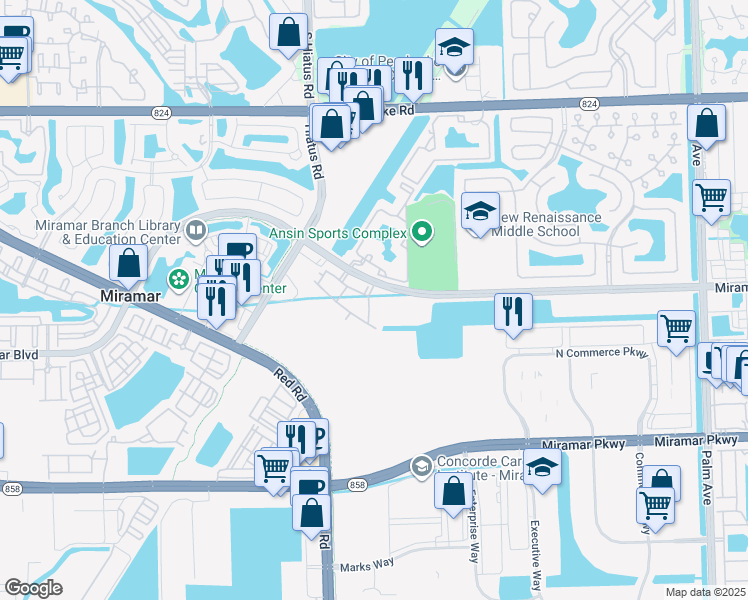 map of restaurants, bars, coffee shops, grocery stores, and more near 2505 Southwest 110th Avenue in Pembroke Pines