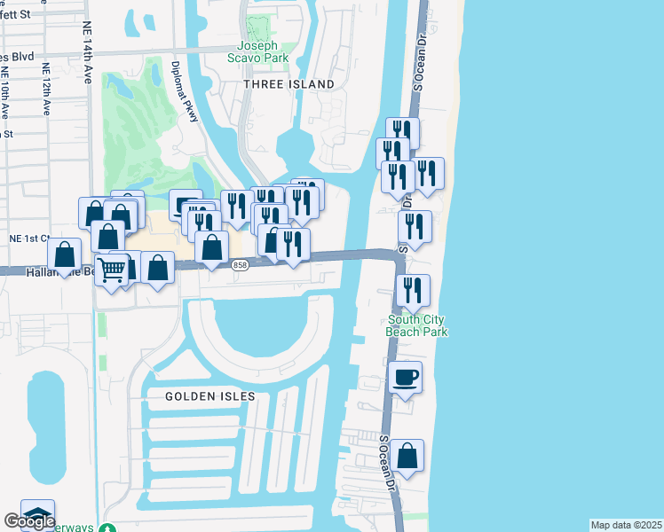 map of restaurants, bars, coffee shops, grocery stores, and more near 2600 East Hallandale Beach Boulevard in Hallandale Beach