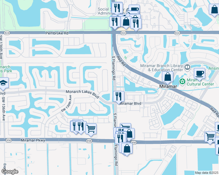 map of restaurants, bars, coffee shops, grocery stores, and more near 2355 Southwest 125th Avenue in Miramar