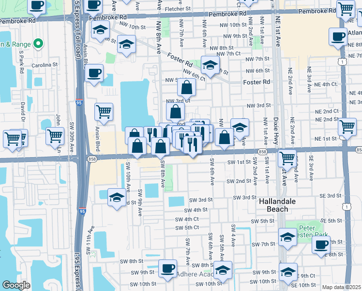 map of restaurants, bars, coffee shops, grocery stores, and more near 713 Northwest 1st Street in Hallandale Beach
