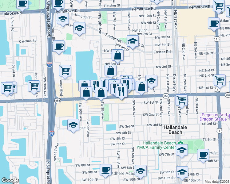 map of restaurants, bars, coffee shops, grocery stores, and more near 713 Northwest 1st Street in Hallandale Beach