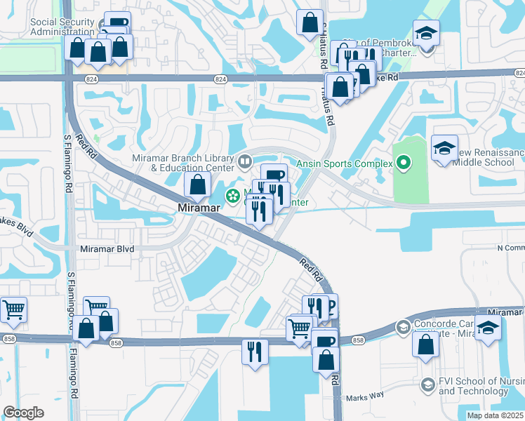 map of restaurants, bars, coffee shops, grocery stores, and more near 2314 Main Street in Miramar