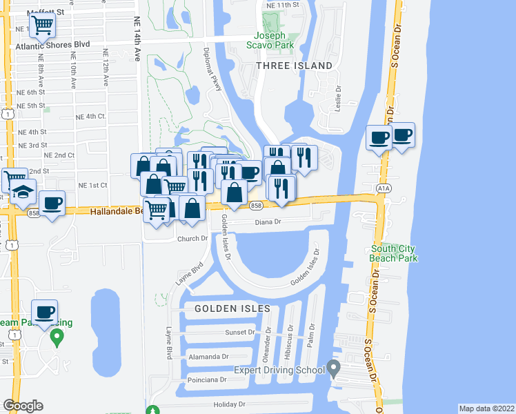 map of restaurants, bars, coffee shops, grocery stores, and more near 26 Diplomat Parkway in Hallandale Beach