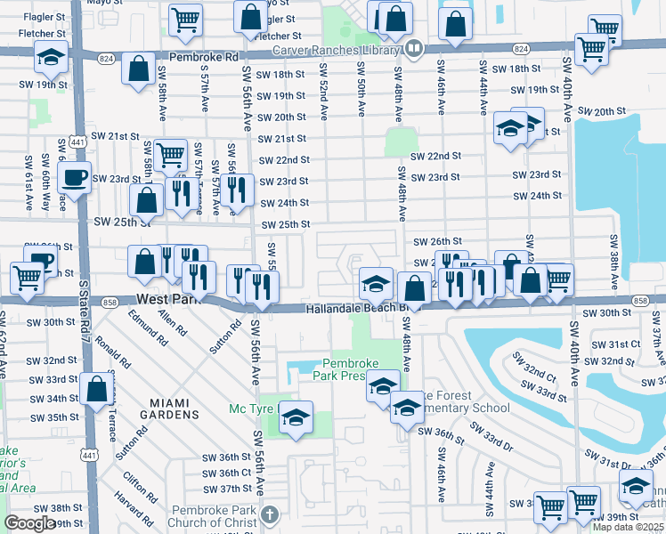map of restaurants, bars, coffee shops, grocery stores, and more near 5101 Southwest 27th Court in Pembroke Park