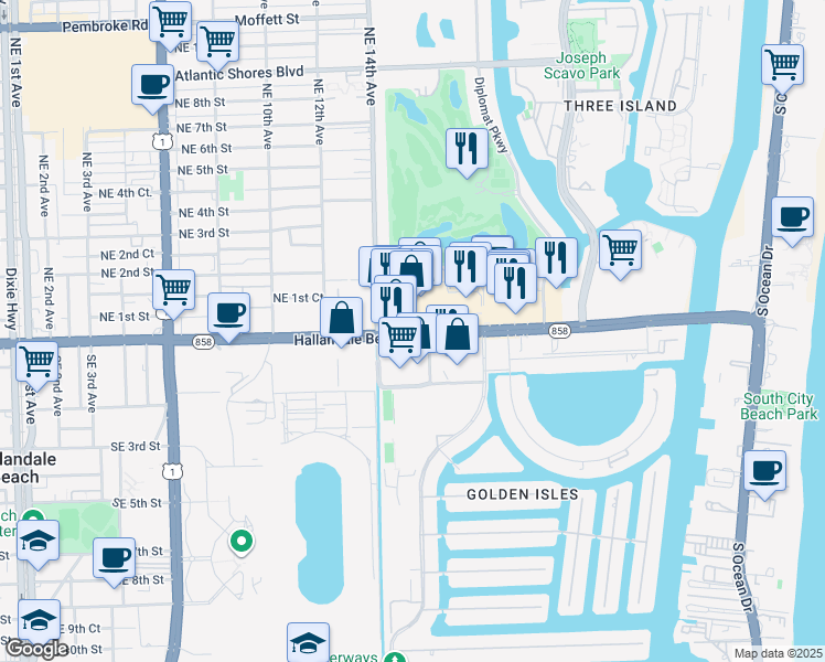 map of restaurants, bars, coffee shops, grocery stores, and more near East Hallandale Beach Boulevard in Hallandale Beach