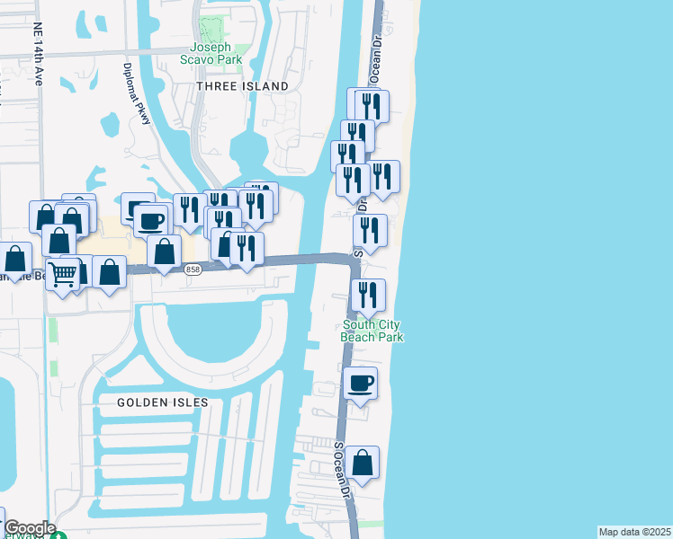 map of restaurants, bars, coffee shops, grocery stores, and more near 1801 South Ocean Drive in Hallandale Beach