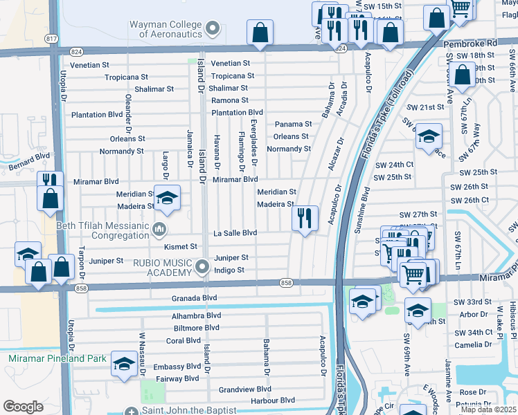 map of restaurants, bars, coffee shops, grocery stores, and more near 2631 Everglades Drive in Miramar