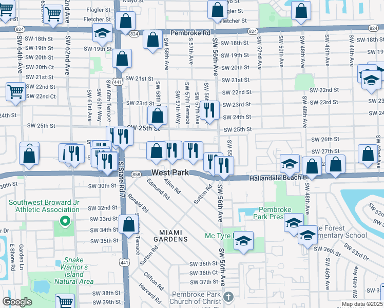map of restaurants, bars, coffee shops, grocery stores, and more near 5649 Southwest 27th Street in West Park