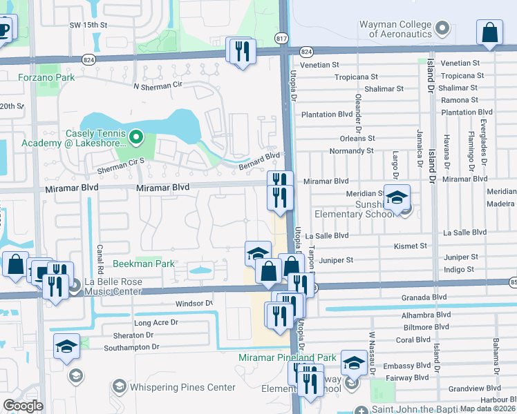 map of restaurants, bars, coffee shops, grocery stores, and more near 2577 Southwest 82nd Avenue in Miramar