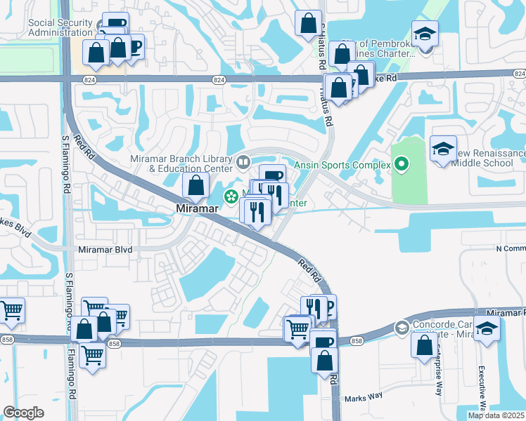map of restaurants, bars, coffee shops, grocery stores, and more near City Hall Promenade in Miramar